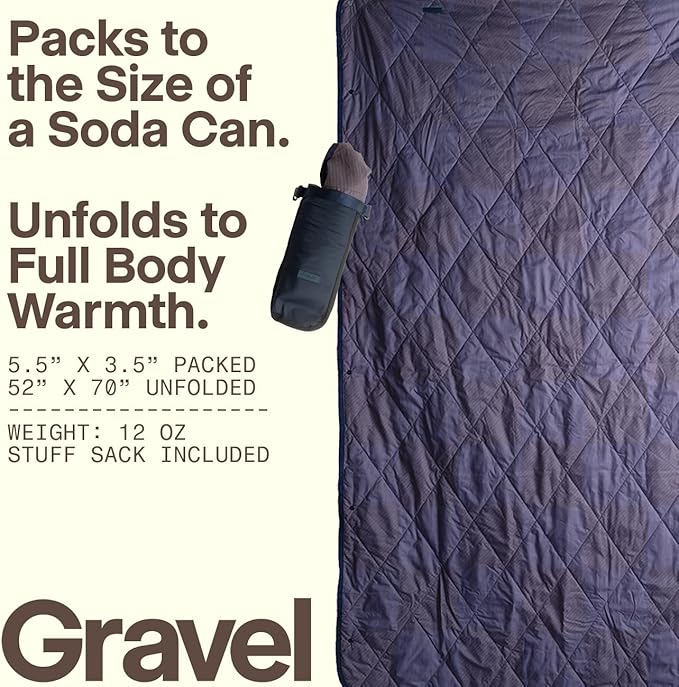Gravel UltraPak™ Packable Insulated Travel Blanket – Lightweight Outdoor Blanket Water-Resistant Compact 20D Nylon with Snap Closure