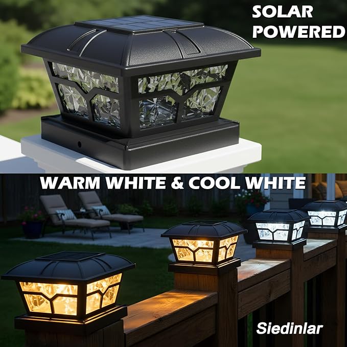 SIEDiNLAR Solar Post Cap Lights Outdoor 2 Color Modes 8 LEDs for 4x4 5x5 6x6 Posts Fence Patio Deck Decoration Warm White &amp Cool White Lighting Black (6 Pack)