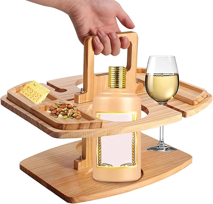 Portable Wine Table Outdoor Wooden Folding Table with Snack Tray 2 Wine Glasses Holder Beach Indoor Snack Bed Table Picnic Tray Tables for Beach Camping RV Outdoor Concerts