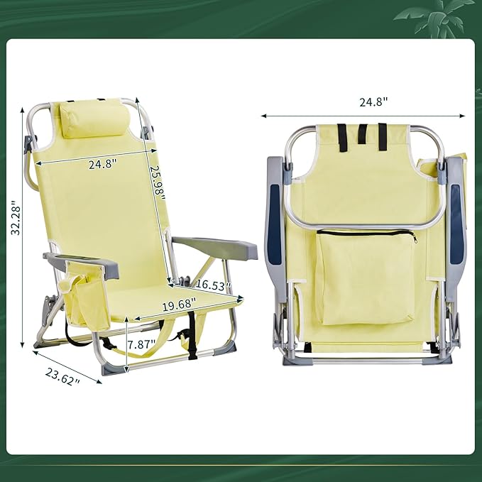 Backpack Beach Chairs Low 5 Position Beach Chair with Pouch Straps Folding Lightweight Reclining Aluminum Lay Flat Single (Yellow Low)