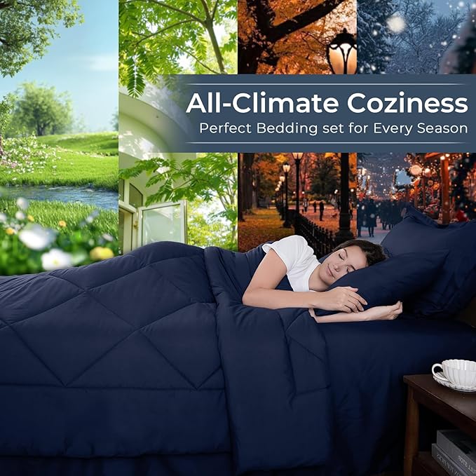 HEVUMYI Navy Blue Cali-King Comforter Set - 7-Piece All Season Bed in a Bag Cali-King Ultra Soft Bedding Set with Comforter Flat Sheet Fitted Sheet Pillowcases Pillow Shams Navy Blue