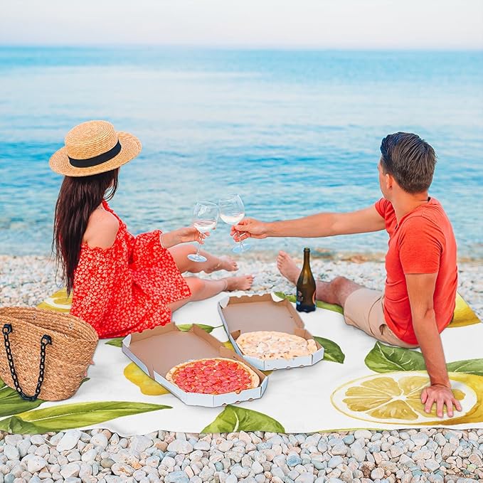 Waterproof Sandproof Beach Blanket 59''×68'' Sweet Lemon Polyester Outdoor Picnic Blanket with 4 Stakes &amp Storage Bag for BeachCampingVacation White