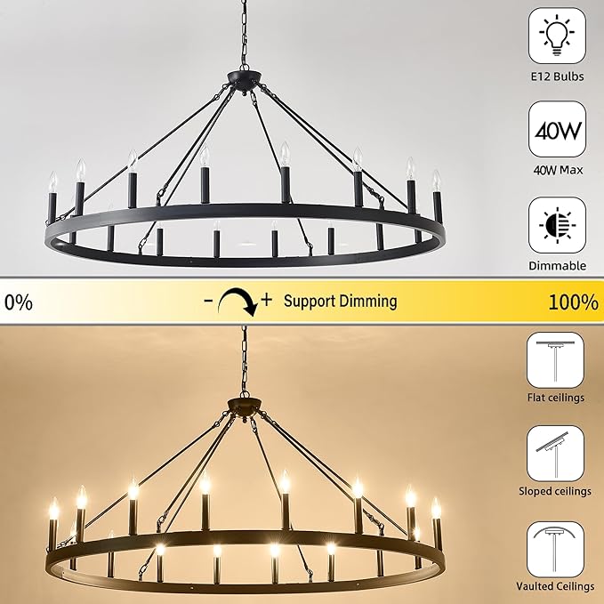 53 Inch Large Black Wagon Wheel Chandelier 18-Light Farmhouse Wagon Wheel Chandeliers Round Industrial Ceiling Light fixtures for Outdoor Porch high Ceilings Living Dining Room Foyer Entryway