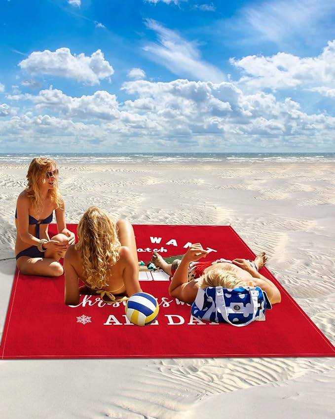 Beach Blanket Waterproof Sandproof Christmas Farm White Truck Quick Drying Beach Mat with 4 Stakes Xmas Red with Quotes Lightweight Picnic Blanket for Travel Camping Outdoor 118x108