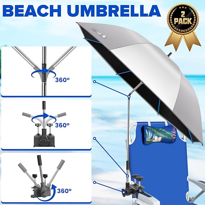Beach Umbrella 2PACK 48.7inch Chair Umbrella with Clamp adjustable 360° UV Protection Large Camping Chair Umbrellas for Camping chair Glof CartTable(ChairTable not include)