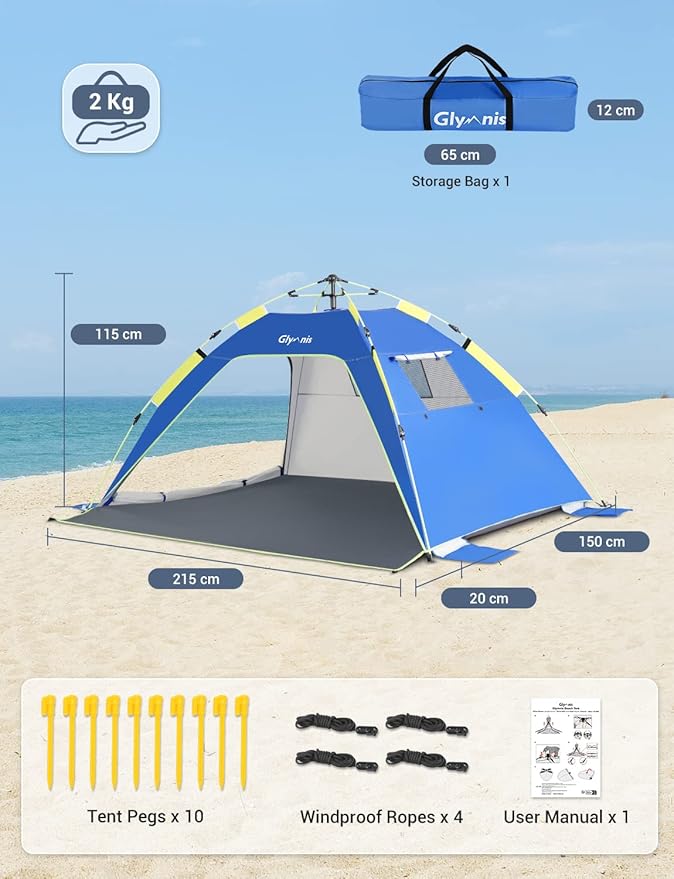 Glymnis Pop Up Beach Tent Sun Shade Shelter for 3-4 Person with UPF 50+ Lightweight &amp Easy Setup Vent Windows &amp Zippered Door Extended Floor Family Instant Beach Tent