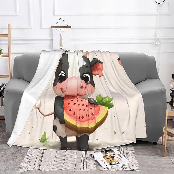 Little Cow Eating Watermelon Soft Fleece Blanket 60 * 50 inch Soft Sofa Blanket Suitable for Sofa Camping Travel Night Cover Blanket