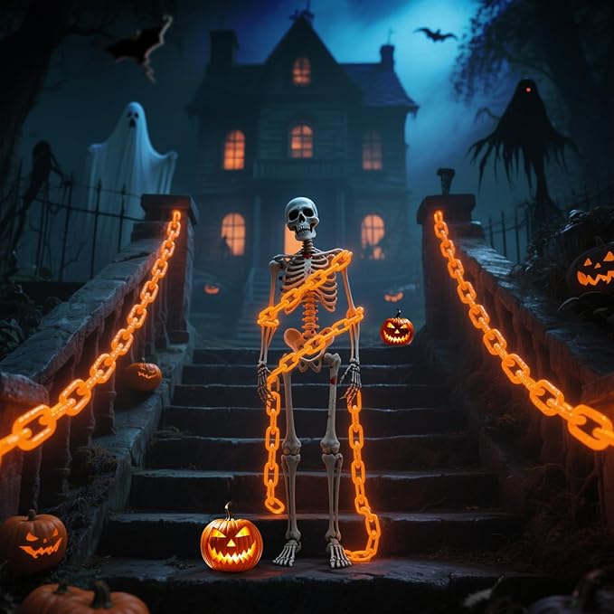 Solar Halloween Chain String Lights Decoration Upgraded 10Ft 160LED Orange Plastic Lights with 8 Lighting Modes for Indoor Outoor Halloween Party Cosplay Haunted House Spooky Decor