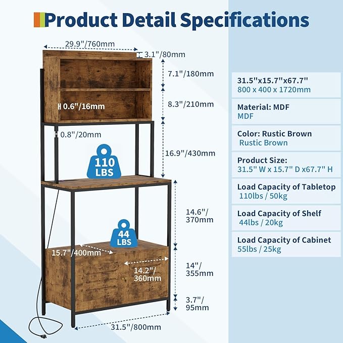 Garvee Bakers Rack with Storage Cabinet 68 Industrial 6-Tier Kitchen Storage Shelf with CabinetMicrowave StandShelvesFreestanding Coffee Bar for Pots Spices &amp Kitchen Essentials
