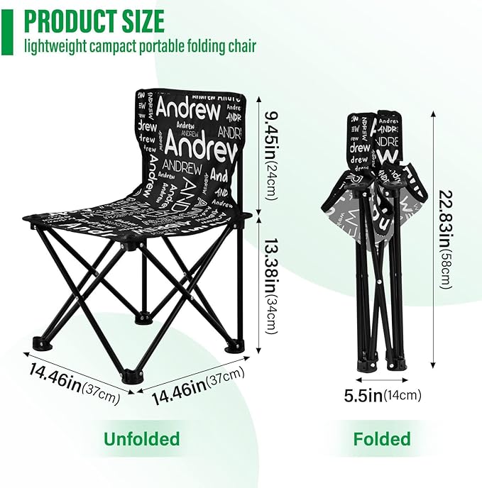 Sinestour Black Custom Folding Camping Chair for Teen Child Personalized Name 14.6×14.6in Portable Outdoor Chair with Carry Bag for Travel Barbeques Picnic