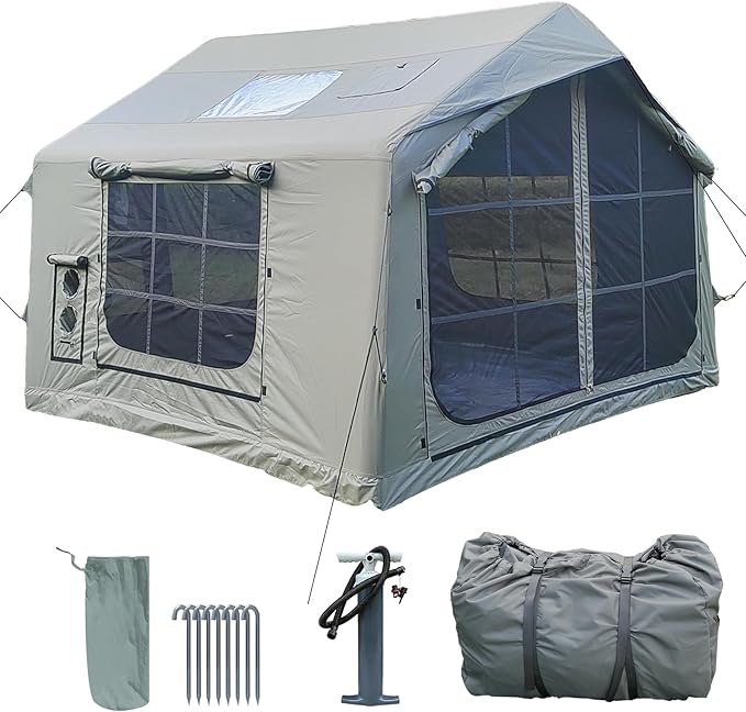 8㎡ Luxury Inflatable Camping Tent for 3-8 People UV-Resistant 4-Season Family Tent with Chimney Port &amp Skylight Oxford Fabric or Tech Cotton – White Tank Gray Aurora Green