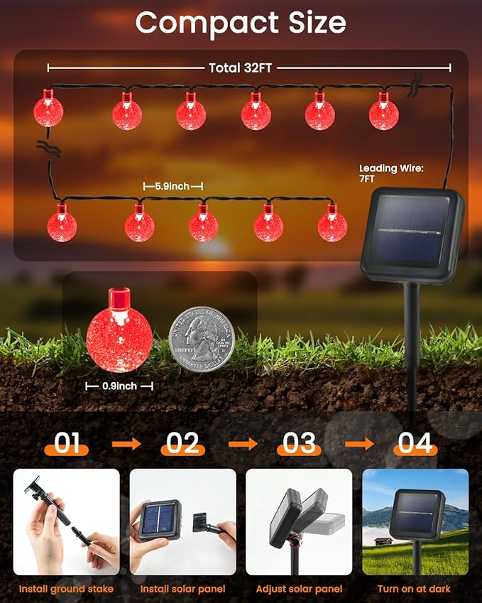 2-Pack 100 LED Red Solar String Lights Outdoor - 64FT Crystal Globe Waterproof Solar Powered Lights for Outside with 8 Lighting Modes for Patio Decorations Garden Party Porch Wedding Yard