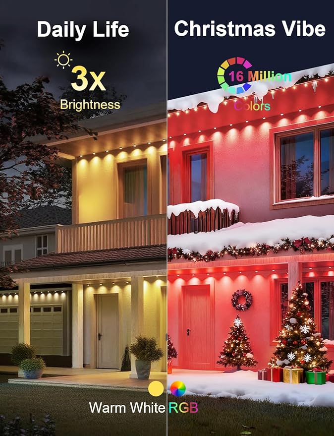Nexillumi Permanent Outdoor Lights for House 100ft Smart RGB LED Lights Outside with 16 Million DIY Colors IP67 Waterproof Eternity Eaves Lighting for Christmas Halloween Holiday Daily Decorations