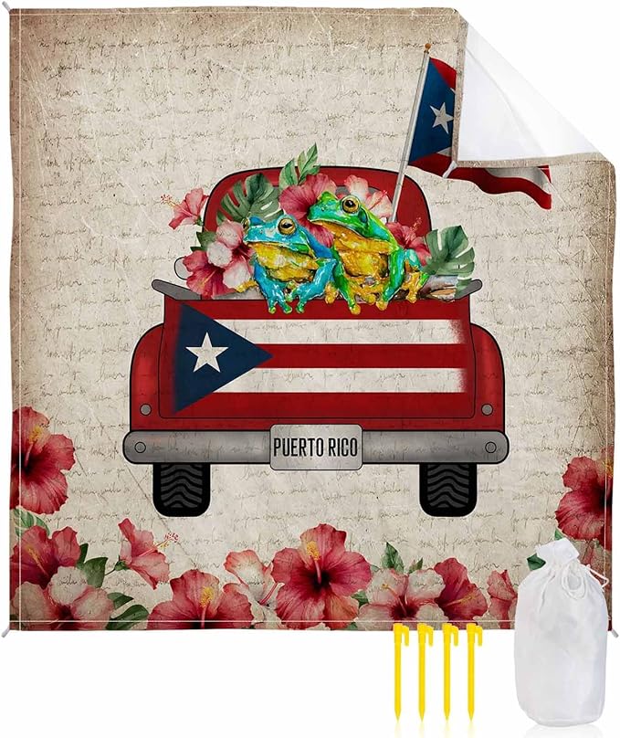 Beach Blanket Waterproof Sandproof Oversized Puerto Rican Flag Car Beach Mat with Corner Stakes Sand Pockets Algiers Frog on Vintage Letter Outdoor Picnic Mat for Travel Camping Hiking 95x80In