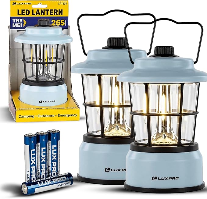 LUXPRO Retro LED Lantern - Battery-Powered Emergency Lantern - Water Resistant - Bright LED Lamp for Indoor &amp Outdoor Use - Use for Tents Hiking or Hurricane Prep (Blue Pack of 2)
