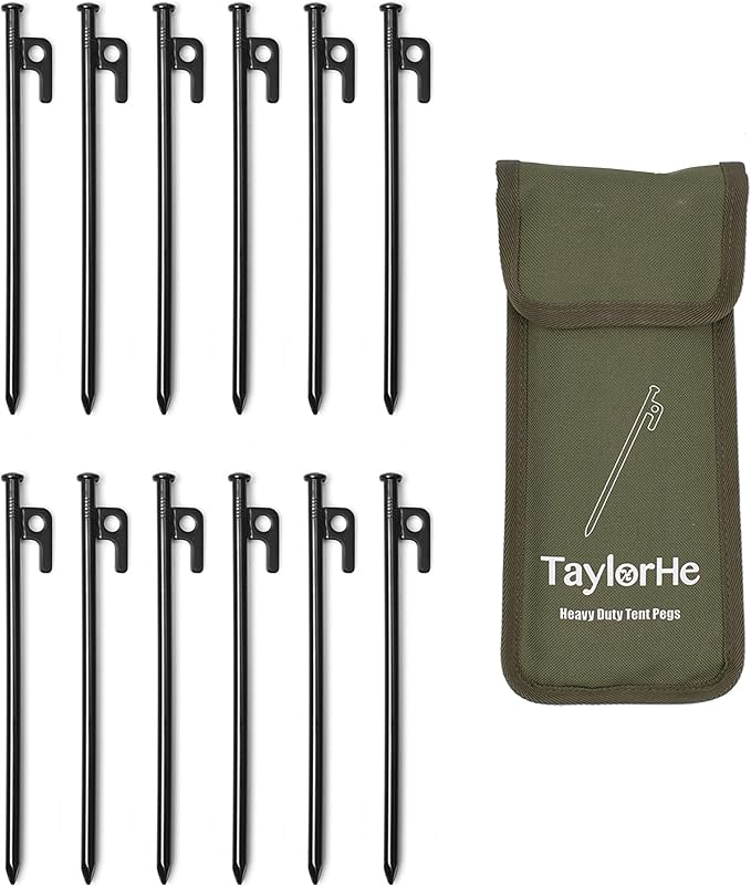 Tent Stakes Heavy Duty 12 Pack - 10inch Extra Strong Camping Stakes Metal Stakes with Hooked Head and Pointy Tip with Carrying Pouch for Hard Ground Sandy Gravel Outdoor Travelling Hiking
