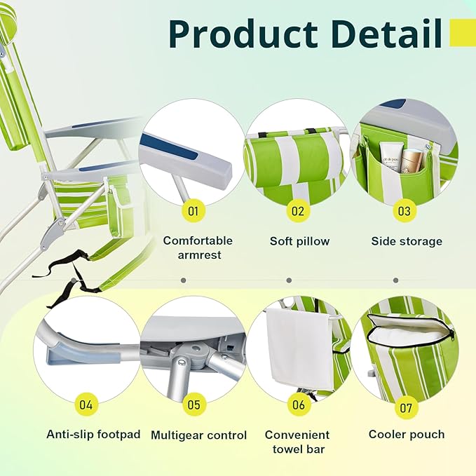 2 Pack Tall Beach Chairs for Adults 5-Position Reclining Backpack Beach Chair with Cooler Pouch Portable Lightweight Folding Aluminum Beach Chair with Cup Holder Supports 220lbs Green Stripes