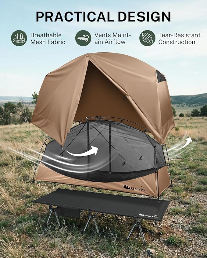 Gonex Camping Tent Cot for Adults 1-Person Off-Ground Folding Portable Easy Set-up Tent Cot Combo for Hiking Backpacking Car &amp Motorcycle Camping(31.5 W X 78.7 L)-Khaki
