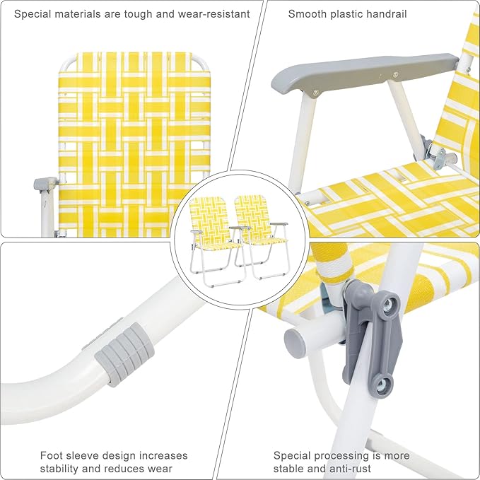 Set of 2 Folding Patio Lawn Chairs Modern Yellow PP Braided Beach Chairs High Back Seat Portable Camping Chairs for Yard Garden Beach Fishing
