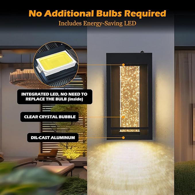 Dusk to Dawn Sensor Porch Lights Crystal Bubble Exterior Lighting Fixtures Modern Outdoor Wall Light Outdoor Lighting Fixture for Porch 2Pack