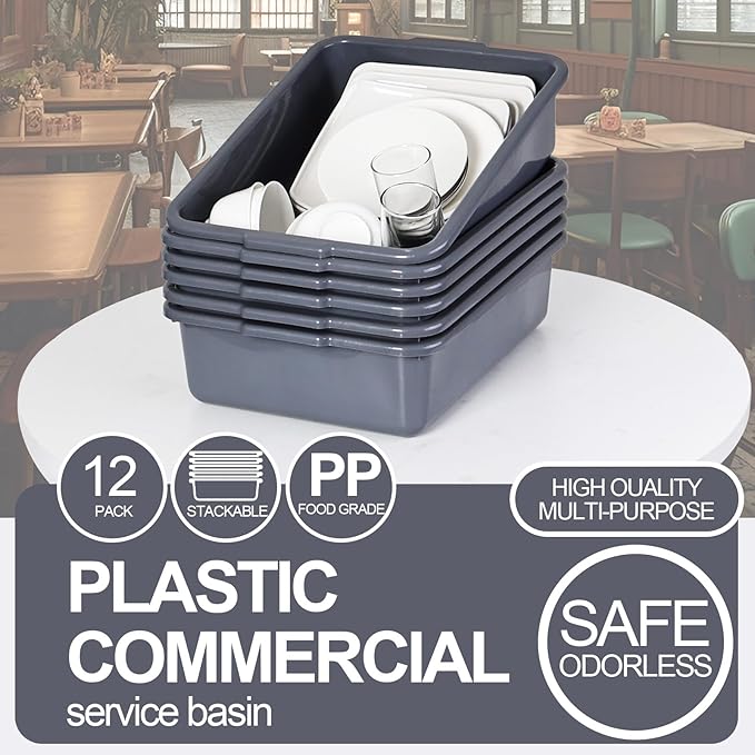 15 L Plastic Commercial Bus Box 12-Pack Dish Tubs for Restaurant &amp Home Gray