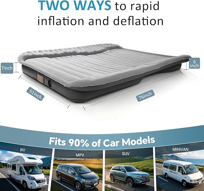 Self-Inflating SUV Air Mattress with Built in Electric Pumpcar air Mattress for TrunkPortable car Mattress for Travle and Camping (Light Gray)