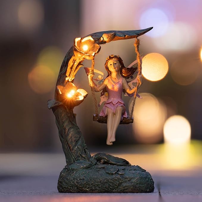 Garden Flower Fairy Outdoor Statue Decor Funny Swing Fairy Ornaments Figurines for Patio Lawn Yard Porch Outside Garden Gifts9.05 Inches Tall ﻿ ﻿ ﻿