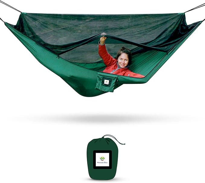 Hammock with Mosquito Net - Fully Reversible Bug Free Hammock Tent Extra Large Sleeping Space Bug Proof Netting &amp Suspension - Change The Way You Camp with Hammock Bliss Quality - No-See-Um No M
