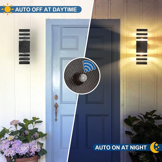 2PK Dusk to Dawn Sensor Outdoor Wall Lights Up Down Porch Lights Modern Exterior Light Fixtures Photocell Waterproof Black Aluminum Housing for Front Porch Patio Garage (Use Two E26 Bulbs)