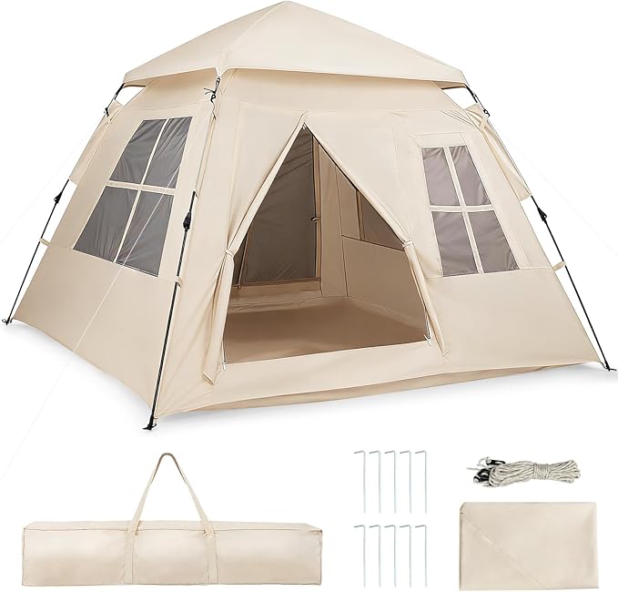 Goplus 4 Person Camping Tent Portable Automatic Easy Setup Cabin Tent with Rainfly Mesh Windows 2 Doors &amp Carrying Bag Lightweight Outdoor Sun Shelter for Hiking Traveling Picnic