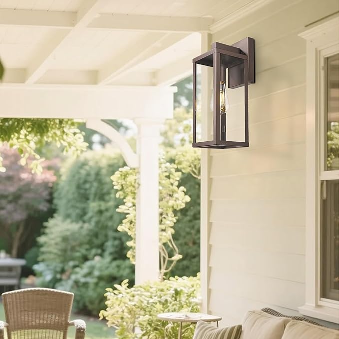 Outdoor Wall Light with Clear Glass Anti-Rust Exterior Wall Sconce Weather Resistant Outdoor Lantern Exterior Lighting for Porch Patio Garage Entryway (Oil-Rubbed Bronze 15.5Height-2 Pack)
