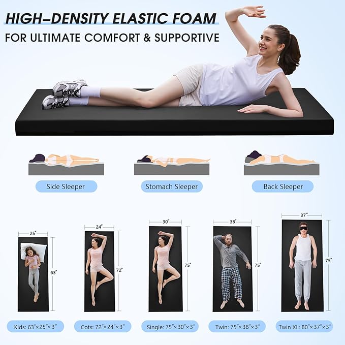 CYMULA Memory Foam Camping Mattress Pad3inch Sleeping Pad for CampingNon-Slip Bottom Floor Cot Car Mattress Bed with Retaining Portable Roll up Mattress Pad Mat for Travel Truck Guest Bed Tent
