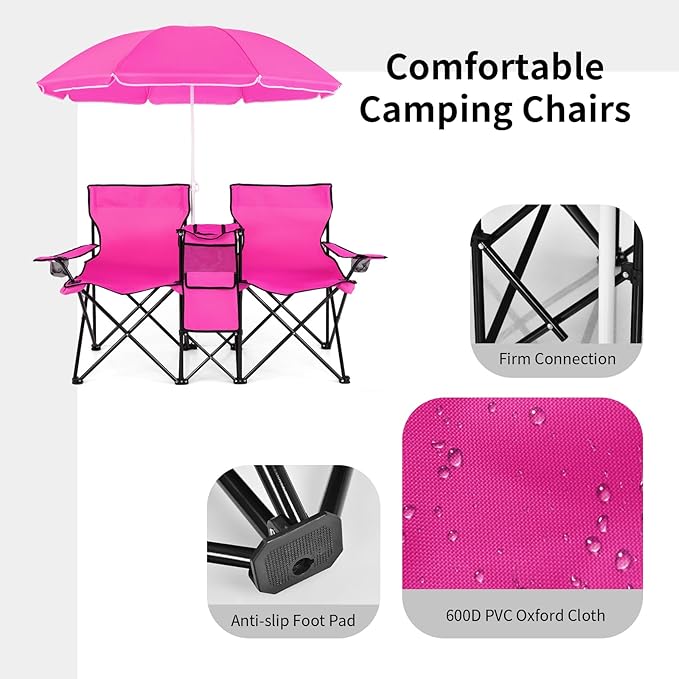KOTEK Double Camping Chair Folding Camp Chair with Removable Umbrella Cup Holders Cooler Bag Side Pocket &amp Carry Bag 2-Person Beach Chair for Outdoor Sports Concerts Travel Picnic (Pink)