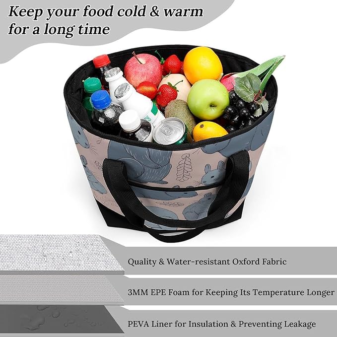 Insulated Shopping BagLarge Reusable Cooler Bags Blue Chinchillas Printed Foldable Shopping BagTravel Waterproof Shoulder Bag