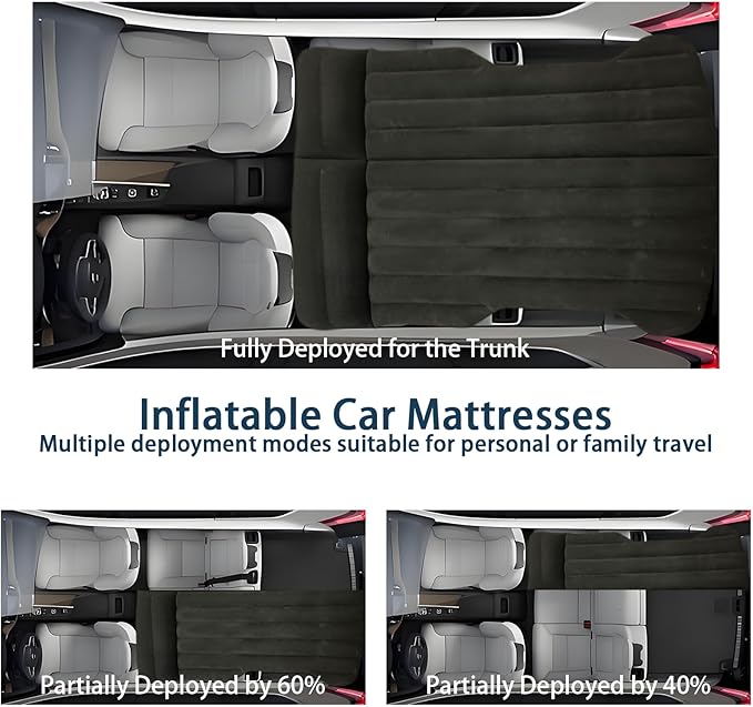 Car Air Mattress - Inflatable Camping Bed Compatible with Tesla Model Y Thickened Flocked AirBed for Trunk/Backseat/Sedan/SUV/RV Sleeping Pad with Pump and 2 Pillows for Camping Travel Outdoor Black