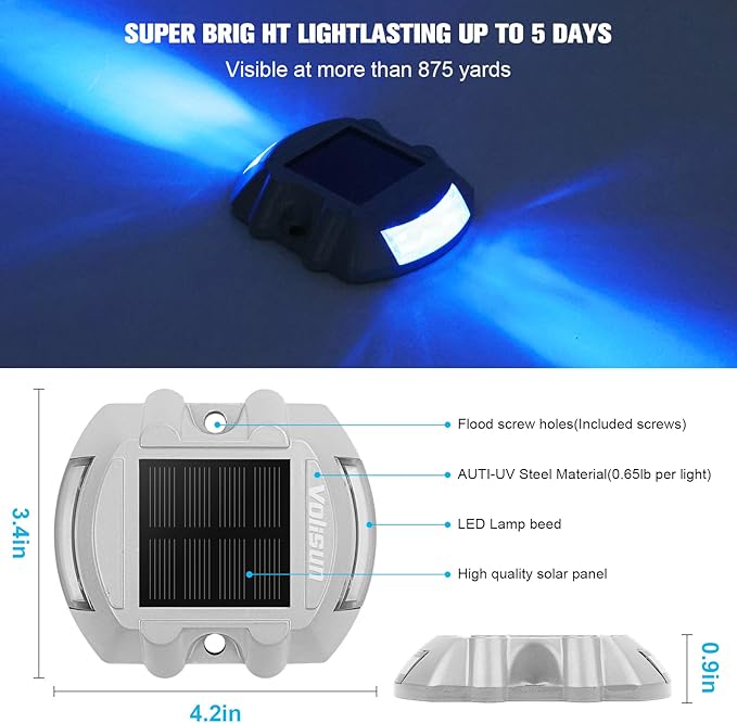 VOLISUN Solar Deck Lights Driveway Dock Lights 12-Pack Led IP68 Waterproof Outdoor Warning Step Lights for Driveway Sidewalk Garden Pathway Yard (Blue Auto On/Off