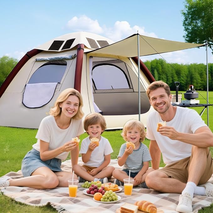 Automatic Inflatable Tents for Camping 4 Person with Solar Panel Easy Set Up Pop Up Tents for Camping with 2-3 Min Family Tents for Camping Windproof Waterproof Blow Up Tents for Traveling