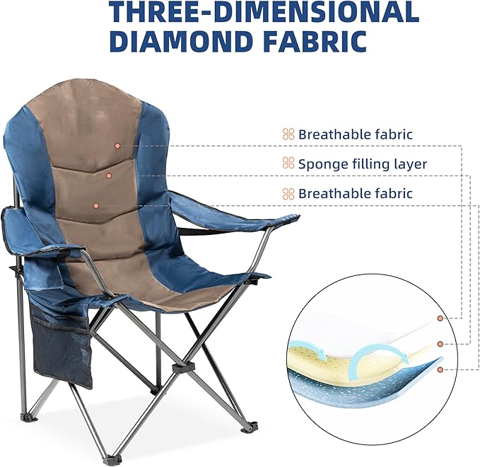 2 Pack Folding Camping Chairs for Adults - High Back Padded Portable Outdoor Lawn Chairs with 400lbs Adjustable Lumbar Support - Lightweight Camp Chairs Set (Light Blue &amp Brown)