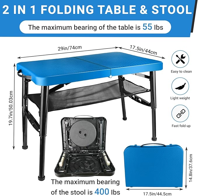 Portable Folding Table and Stool Set Lightweight Foldable Table &amp Collapsible Stool for Camping Picnic Beach Fishing Sturdy Small Outdoor Table with Mesh Layer Storage- Blue