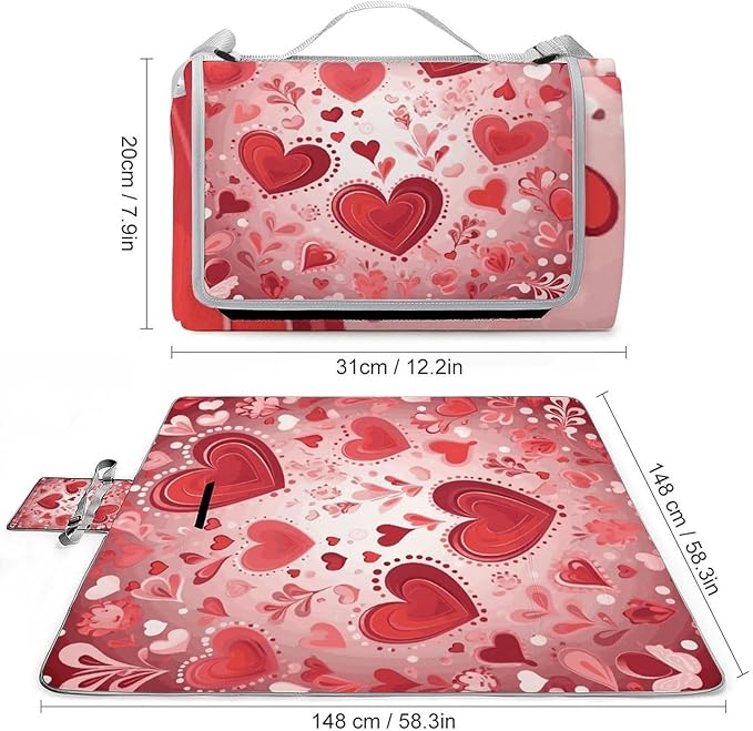 Valentine Pattern Beach BlanketPortable Waterproof Picnic Blanket58.3''x 58.3'' Extra Large Picnic Mat for BeachCamping Grass Lawn Park Accessorie for Festival BBQ