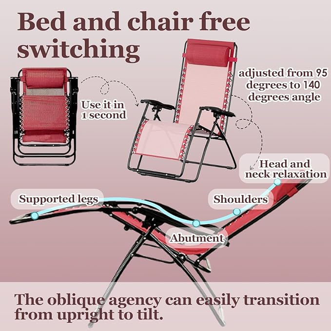 Set of 2 Zero Gravity Reclining Lounge Chairs – Folding Outdoor Chaise Loungers with Cup Holders &amp Side Tables for Patio Lawn Beach Camping Balcony Deck – Adjustable Anti Gravity Chairs Red