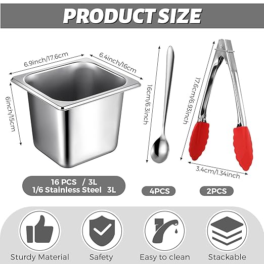Rtteri 22 Pcs 1/6 Size 6 Inch Deep Stainless Steel Hotel Pans Set: 16 Metal Buffet Steam Table Pans with 2 Tongs &amp 4 Spoons – Stackable &amp Anti Jam Commercial Restaurant Catering Kitchen Food