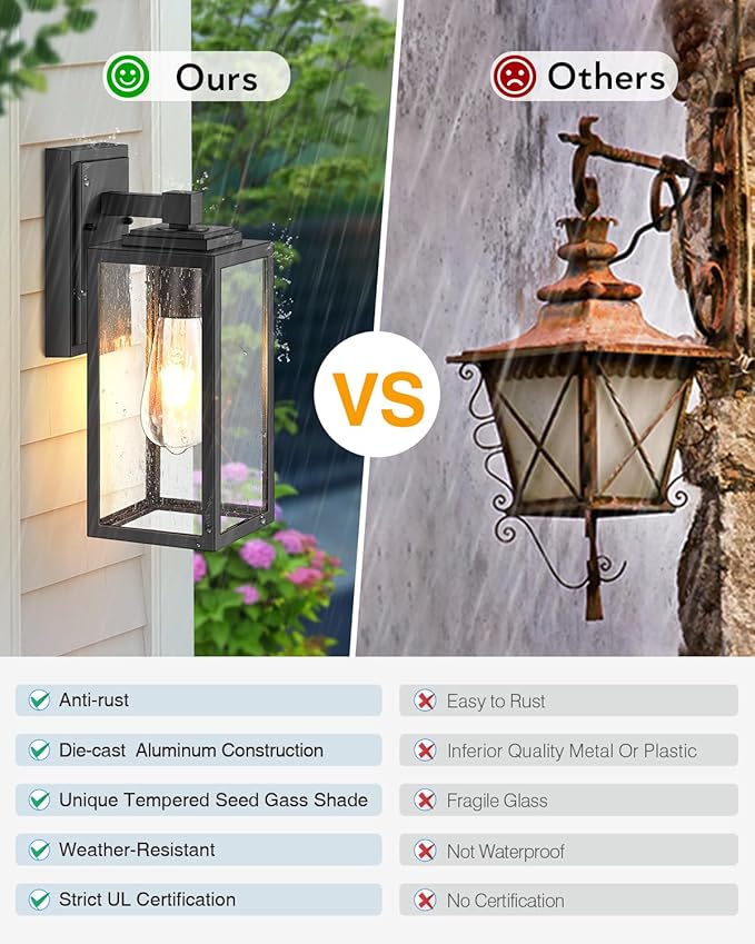 VIANIS 2 Pack Outdoor Wall Lights Exterior Lights for House Lantern Matte Black Waterproof Anti-Rust Outdoor Lights for Porch Garden Doorway Seed Tempered Glass