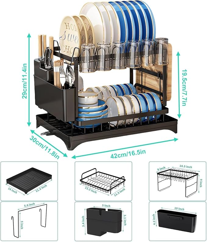 BCWW 2-Tier Dish Racks for Kitchen Counter Multifunctional Dish Drying Rack Large Capacity Metal Kitchen Dishes Drying Rack Plate Organizer for Bowls/Cups/Bottles (Black)