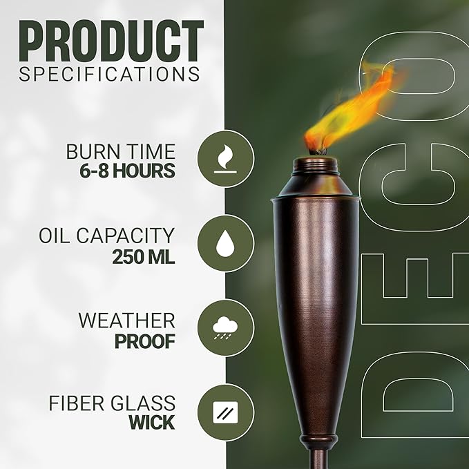 Garden Torches for Outside -Deco Home Pack of 4 Metal Garden Torches Citronella Oil for Outdoor Ambiance - Decorative and Functional Citronella Torches for Patio Lawn and Backyard- Bronze