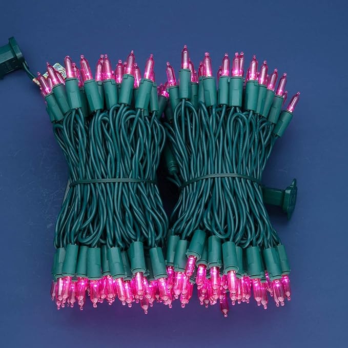 200 Count Pink LED Christmas Lights 66 ft Green Wire UL Certified Commercial Grade Holiday String Light Set (Pink)