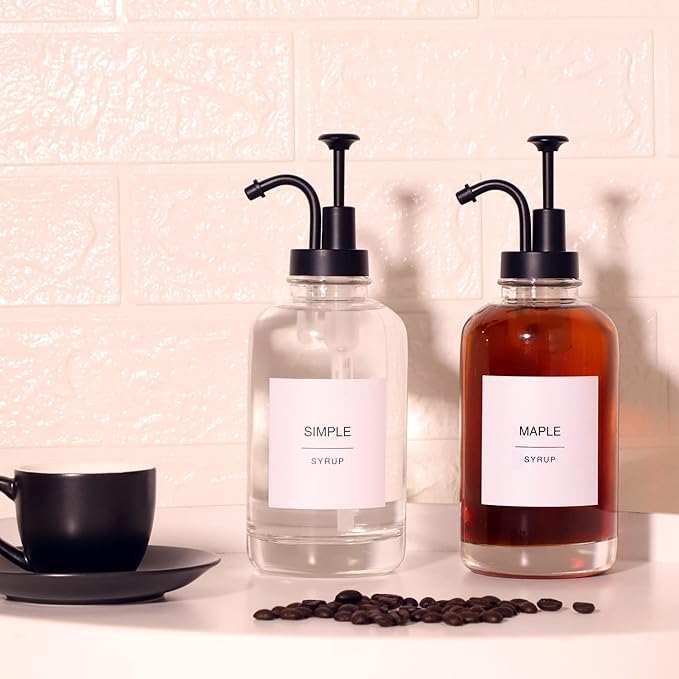 Glass Syrup Pump Bottle Dispenser for Coffee Bar Accessories with 84 Labels (Set of 2) 16.9 oz Matte Black