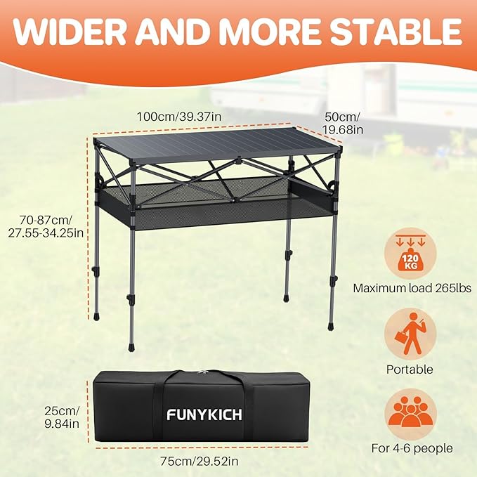 FUNYKICH Folding Camping Table(L39.4''xW19.7'') Aluminum Roll-up Portable Picnic Table with 2 Adjustable Height Large Storage and Carrying Bag for Picnic Camping BBQ Party Backyard Beach