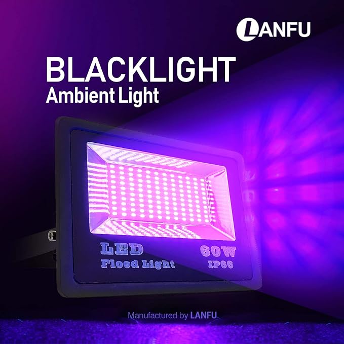 LANFU 2Pack 60w LED Black Light Blacklight for Fluorescent Neon Glow in The Dark High Power LED Flood Light IP65 with Plug for BirthdayBarParty SuppliesAquarium(Upgrade Reflector)
