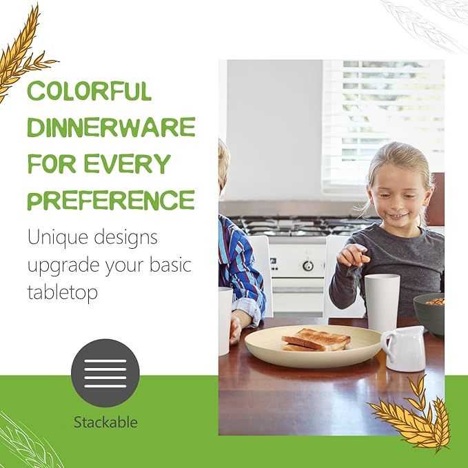 Teivio 32-Piece Kitchen Plastic Wheat Straw Dinnerware Set Service for 8 Dinner Plates Dessert Plate Cereal Bowls Cups Unbreakable Colorful Plastic Outdoor Camping Dishes Stone